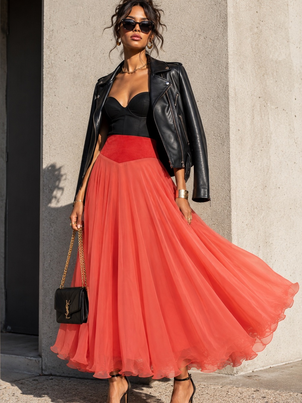 Handmade Coral Suede-Waist Tulle Chiffon Circle Maxi Skirt S/M - Picture 12 of 16